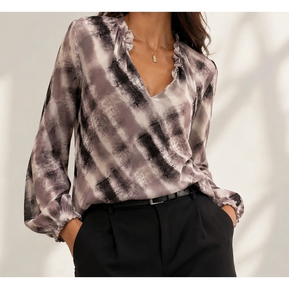 Cloth & Stone Abstract Ruffle V Neck Blouse Small Lurex Watercolor